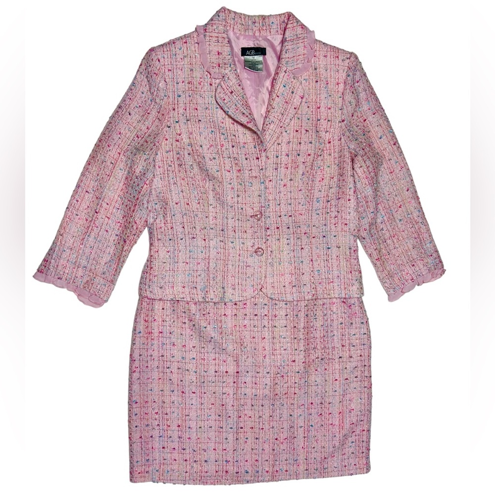 AGB Dress Tweed Pink Skirt Suit Set Matching Blazer with Ruffles Mini Skirt Belt
